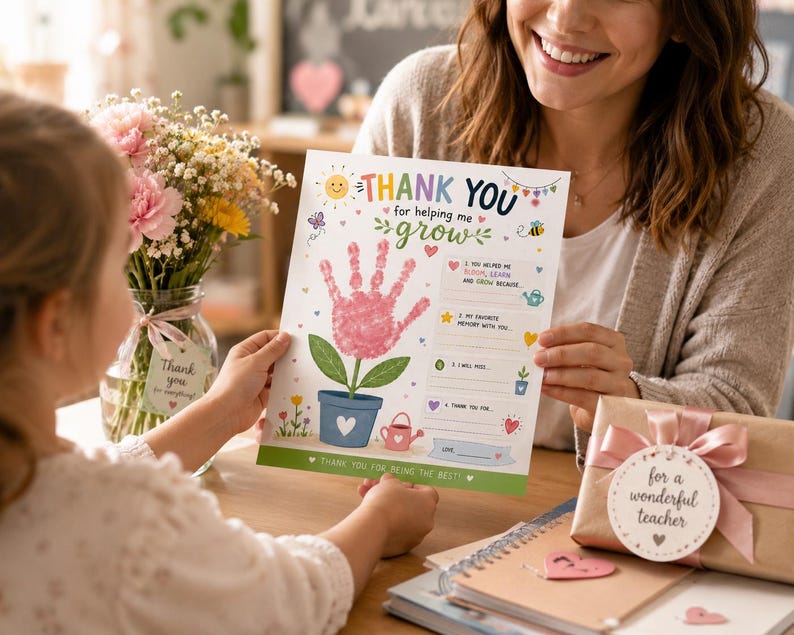May include: A colorful "Thank You" card with a handprint flower design, held by a child and an adult. The card features the text "Thank You for helping me grow" and is decorated with flowers, a watering can, and a bee. A gift box with a tag that says "for a wonderful teacher" is also visible.