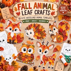 Könnte beinhalten: Ein digitales Bastelvorlagen-Set mit dem Titel Fall Animal Leaf Crafts mit 10 Waldtier-Motiven. Die Sammlung enthält Illustrationen von Fuchs, Igel, Eichhörnchen, Eule und Reh, die mit herbstlichen Blattmustern verziert sind.