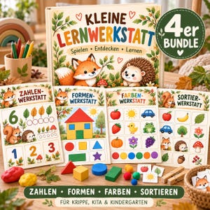 Pode incluir: Um conjunto educativo de 4 peças intitulado Kleine Lernwerkstatt com folhas de atividades ilustradas para números, formas, cores e classificação. Inclui blocos de madeira, bolas de feltro e cartões com raposas.
