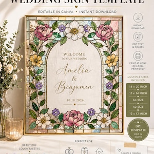 Peut inclure: Un modèle de panneau de mariage en faux vitrail avec une bordure florale de fleurs roses, jaunes et violettes et de feuilles vertes. Le texte central indique Welcome to our wedding, Amelia & Benjamin, 10.18.2026. Tailles incluses 16x20, 11x14, A3, A2, 12x12 pouces.