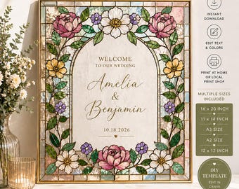 Plantilla de letrero de boda con efecto vitral, plantilla editable en Canva, letrero de vidrio para manualidades, decoración de boda imprimible, 16x20, 11x14, 12x12, A2, A3