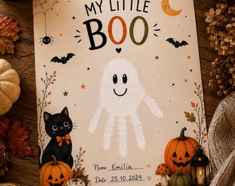 Manualidad de Halloween con huellas de manos para imprimir, recuerdo de My Little Boo, actividad de otoño para niños, manualidad para niños pequeños en edad preescolar, descarga instantánea.
