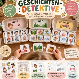 Language development children's learning game PDF, storytelling for daycare and preschool, 60 picture cards, Montessori story cards, language game for kindergarten
