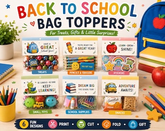 Adornos imprimibles para mochilas de regreso a clases, adornos para bolsas de dulces, bolsas de regalo para el aula, obsequios para el primer día de clases, regalos para estudiantes, 6 diseños