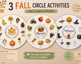 Actividades para la hora del círculo de otoño | 3 ruedas de aprendizaje de otoño | Cosecha de otoño y Halloween | Material imprimible para preescolar y jardín de infantes | Actividad para la hora del círculo