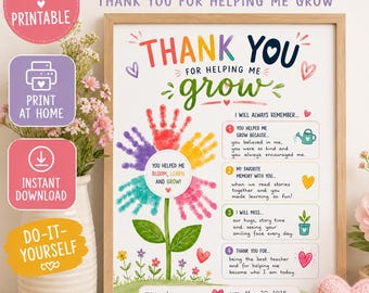 Preschool Teacher Appreciation Gift Printable, Thank You For Helping Me Grow Handprint Flower Craft, Daycare Teacher Thank You Keepsake PDF