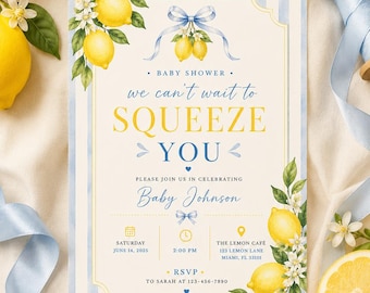 Plantilla de invitación para baby shower con temática de limón, ¡Estamos deseando abrazarte!, invitación editable en Canva, baby shower cítrico, género neutro.
