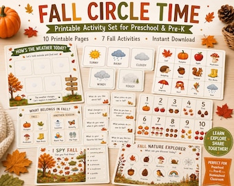 Conjunto imprimible para la hora del círculo de otoño para preescolar y jardín de infancia | Actividades de otoño, clima, conteo, naturaleza
