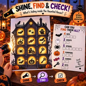 Könnte beinhalten: Ein Halloween-Aktivitätsblatt mit einer Illustration eines Spukhauses, dessen beleuchtete Fenster Silhouetten von Fledermäusen, Geistern, Spinnen, Kürbissen, Süßigkeiten und Schlüsseln zeigen, sowie eine Checkliste mit Kästchen zum Ankreuzen.