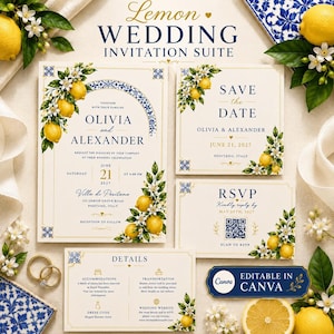 Könnte beinhalten: Ein Hochzeitseinladungs-Set bestehend aus cremefarbenen Karten mit dunkelblauem Text, Zitronenillustrationen und blau-weißen Fliesenmustern. Das Set enthält eine Haupteinladung, eine Save-the-Date-Karte, eine RSVP-Karte mit QR-Code und eine Detailkarte.
