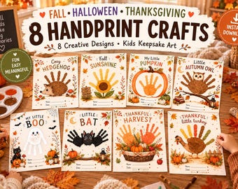 Fall Handprint Crafts Bundle, Halloween Thanksgiving Handprint Art, 8 Printable Kids Crafts, Autumn Keepsake, Preschool Activity PD