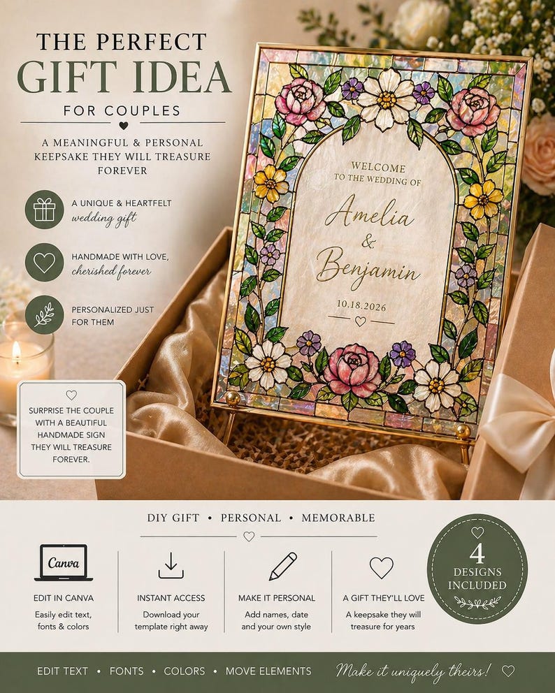 May include: A framed wedding keepsake with a stained-glass effect, featuring floral designs in pink, yellow, and white. The names "Amelia & Benjamin" and the wedding date are displayed. The frame is presented in a gift box, ideal for a wedding gift.