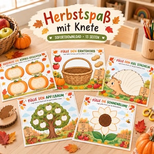 Op de afbeelding: Een set van vijf printbare activiteitenbladen met herfstthema-illustraties voor klei, waaronder een pompoengezicht-maker, een oogstmand, een egel, een appelboom en een zonnebloem, met de Duitse tekst Herbstspaß mit Knete.