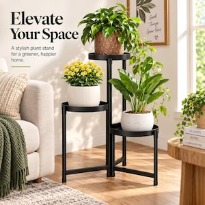 May include: A black metal tiered plant stand with three circular shelves at varying heights. The stand holds three potted plants: a green leafy plant in a textured brown pot, yellow flowers in a white ribbed pot, and a green plant in a speckled pot.
