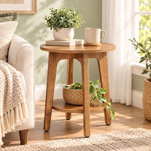 May include: A round wooden side table with a lower shelf, featuring a light brown finish and four tapered legs. On the top surface sits a small potted green plant and a beige ceramic mug. A woven basket with a trailing green plant rests on the shelf.