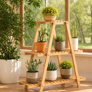 May include: A three-tiered A-frame bamboo plant stand featuring a slatted design. The stand holds six potted plants, including a small cactus, a succulent, and a leafy green plant, arranged across the shelves in various ceramic and woven pots.