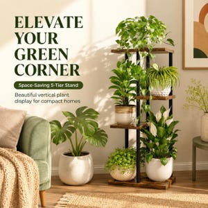 May include: A 5-tier plant stand with a dark wood finish and black metal frame, holding five potted plants of various sizes. The text on the image reads: ELEVATE YOUR GREEN CORNER, Space-Saving 5-Tier Stand, Beautiful vertical plant display for compact homes.