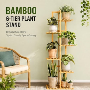 May include: A light-colored bamboo 6-tier plant stand with a vertical, stepped design. The text BAMBOO 6-TIER PLANT STAND, Bring Nature Home, Stylish. Sturdy, Space-Saving. is visible. The stand holds various potted plants on its shelves.