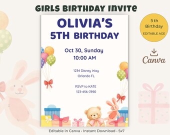 Editable 5th Birthday Invitation, Teddy Bear Bunny Theme, Pastel Girls Party (Digital Download)