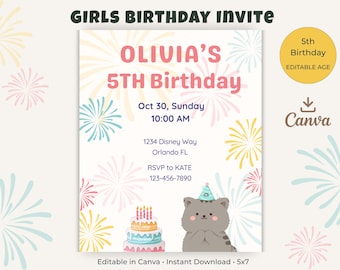 Cute Cat 5th Birthday Invitation Template, Editable Girl Birthday Invite, Kids Party Invitation, Animal Theme, Canva Download