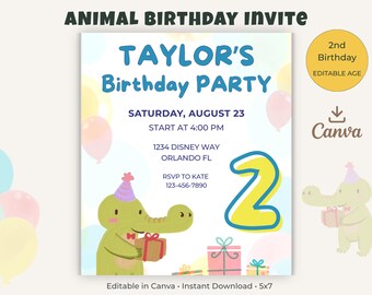 Crocodile Birthday Invitation, Pastel Animal Party Invite, Editable Canva Template (Digital Download)