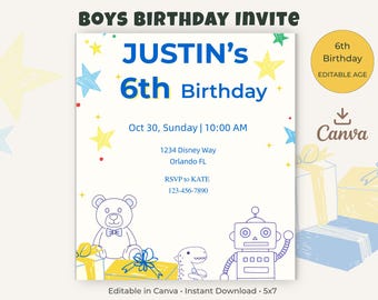 Robot Dinosaur 6th Birthday Invitation, Editable Canva Template (Instant Download)