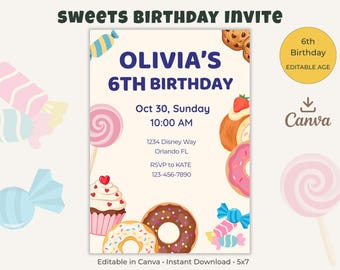 Sweet Treat Birthday Invitation Template, Donut Birthday Party Invite, Candy Theme Birthday Invitation, Editable Canva Template