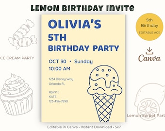 Ice Cream Birthday Invitation Template, Lemon Birthday Party Invite, Editable Canva Invitation, Yellow Birthday, Instant Download