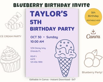 Lavender Ice Cream Birthday Invitation, Pastel Party, Editable Canva Template (Digital Download)