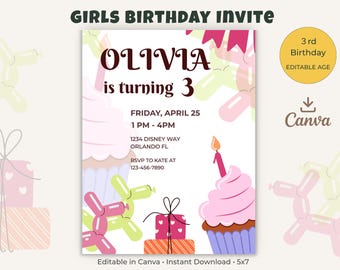 Cake Birthday Invitation Template, Editable Canva Invite, Kids Party (5x7 Printable Download)