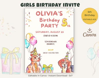 Watercolor Animal 5th Birthday Invitation Template | Editable Kids Party Invite, Dog Cat Theme, Instant Download