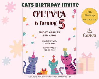 Cat Birthday Invitation, Kitty Birthday Party Invite, Editable Template, 5th Birthday Invitation Girl,  Instant Download