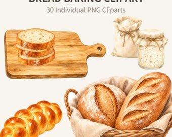 Bread Baking Watercolor Clipart Bundle, 30 Sourdough Bread PNGs, Rustic Bakery Graphics, Artisan Baking Tools, Commercial Use
