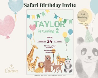 Safari Animals 2nd Birthday Invitation, Editable Canva Template (5x7)