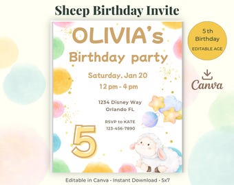 Sheep Birthday Invitation Template, Editable Canva Invite, Kids Party (5x7 Printable Download)