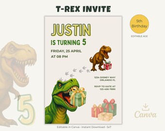 Editable T-Rex Dinosaur Birthday Invitation (5th Birthday) (Digital Download)
