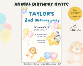 Safari 2nd Birthday Invitation, Two Wild Jungle Animals, Watercolor Balloons (Canva Template)