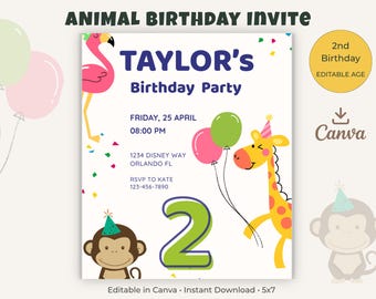 2nd Birthday Invitation Template, Editable Animal Party Invite, Kids Birthday Invite, Safari Animals, Canva Template, 5x7 Instant Download