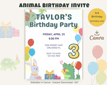 3rd Birthday Invitation, Cute Animal Party Invite, Editable Kids Birthday Template, Canva Birthday Invitation