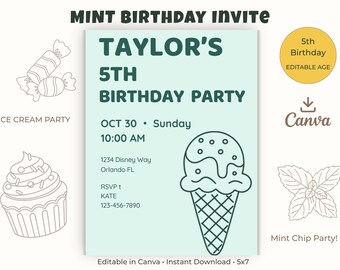 Ice Cream Birthday Invitation Template, Mint Birthday Party Invite, Editable Canva Invitation, Pastel Green Birthday, Instant Download
