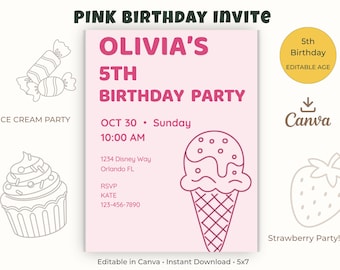 Ice Cream Birthday Invitation Template, Pink Birthday Party Invite, Editable Canva Invitation, Sweet Treat Birthday, Girl Party