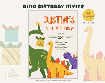 Dino Birthday Invitation, Editable Canva Template, 5th Birthday Party Invite (5x7 Instant Download)