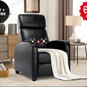 May include: A black leather recliner with a white blanket draped over the seat. The chair has massage features indicated by illuminated symbols. The image also includes a "Fast Shipping" and "60% OFF" graphic.