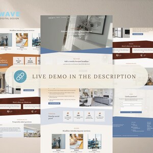 Könnte beinhalten: Digitales Design-Konzept mit Website-Mockups in sauberer, moderner Ästhetik. Das Design integriert Bilder, Text und eine Farbpalette aus Weiß, Braun und Blau. Der Text enthält "LIVE DEMO IN THE DESCRIPTION" und "WAVE DIGITAL DESIGN".