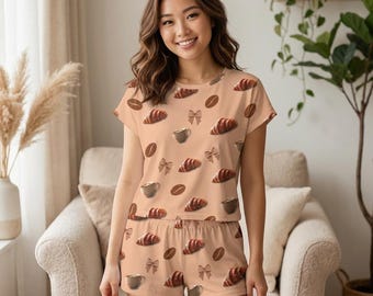 Foodie Nightwear Set for Women | Croissant, Boba Tea & Strawberry Matcha Pajamas | Café Inspired Loungewear