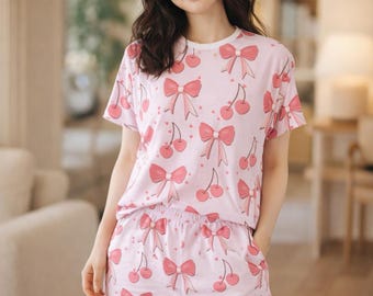 Cherry Coquette Nightwear Set | Women Bow Sleepwear | Matching Top & Shorts Set
