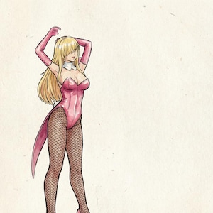 May include: Illustration of a woman in a pink bunny costume with long blonde hair. The costume includes a bodysuit, gloves, and a tail. She is wearing fishnet stockings and high heels. The background is a light beige color.