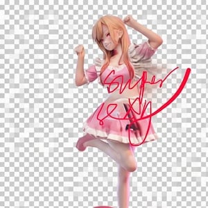 May include: A figurine of a woman in a pink dress with white trim, holding her fists up in a playful pose. The figurine has blonde hair and red eyes. The words "Super Sexy" are written in red cursive across the image.