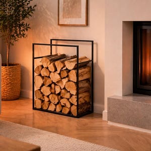 May include: A black metal firewood holder filled with cut logs, positioned next to a fireplace with a burning fire. The room has a neutral color palette with a beige sofa, a woven basket with a plant, and a wooden floor.