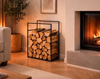Estante moderno para leña, soporte para troncos de chimenea, soporte de almacenamiento de leña para interiores, estante de metal negro para leña, decoración minimalista para el hogar, estilo escandinavo